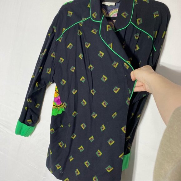 Vintage Lori Weidner Black Green Purple Bold Print Open Front Light Jacket 8 - Picture 8 of 14